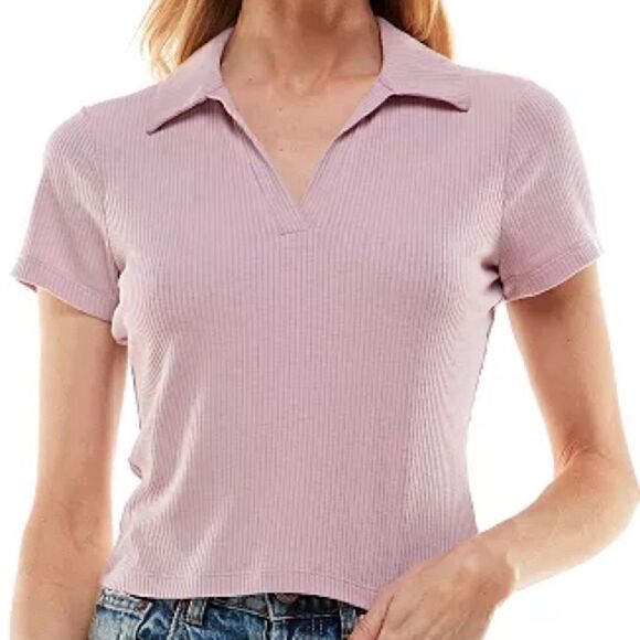 ULTRA FLIRT Ribbed Polo T-Shirt Juniors' M Pink Dawn Collared V-neck Pullover - Picture 3 of 8
